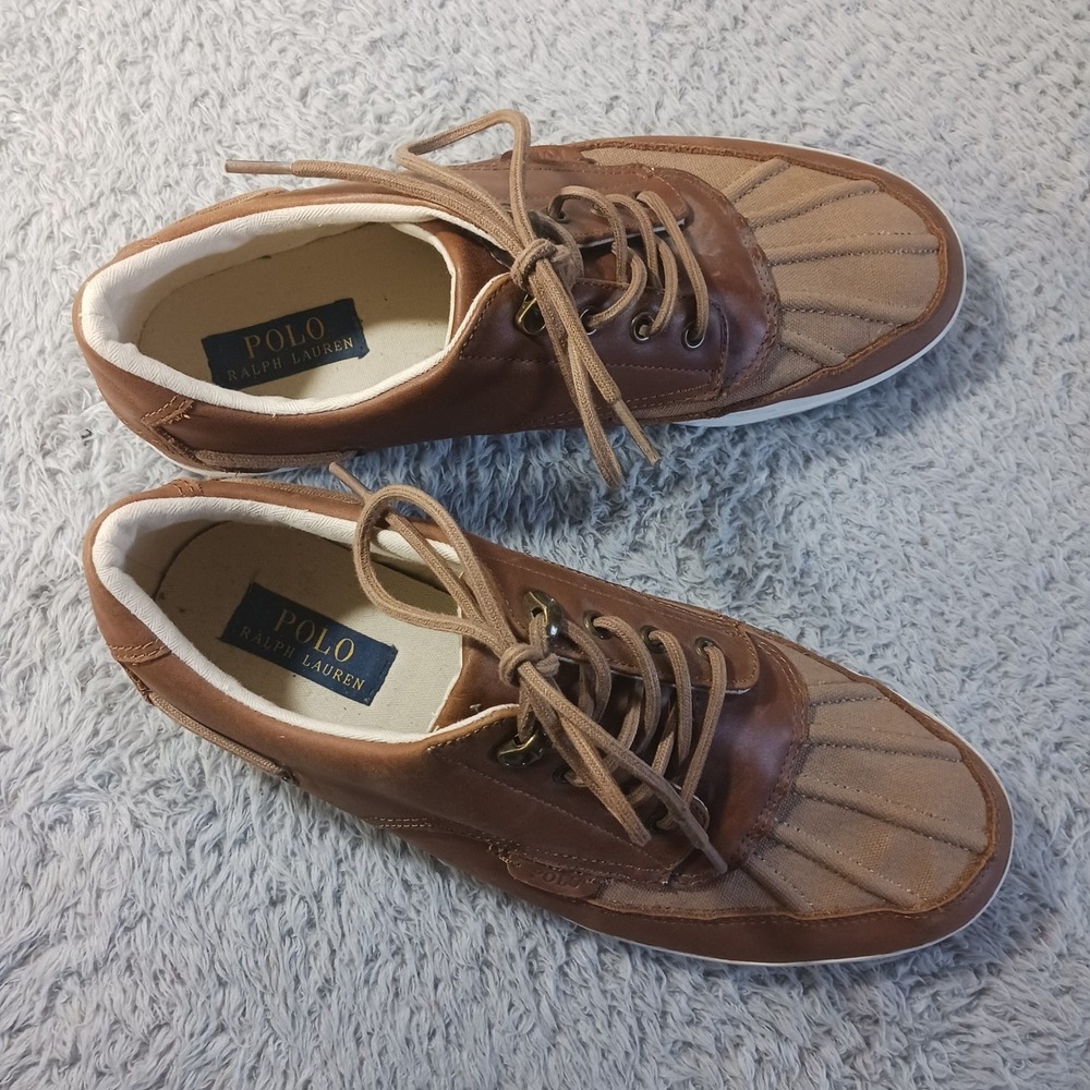 Polo Ralph Lauren Ramiro 13297 Mens 11.5D Brown Leather Canvas Duck‎ Boat Shoes - Picture 4 of 9